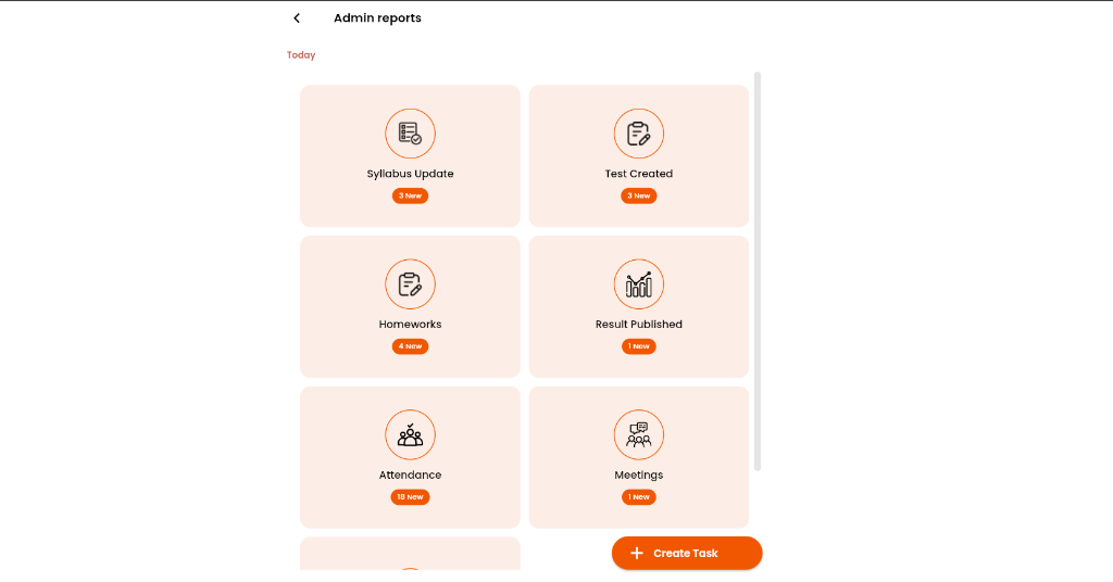 Quizly admin reports screen showing today's syllabus updates, tests created, homeworks, results published, attendance entries and meetings
