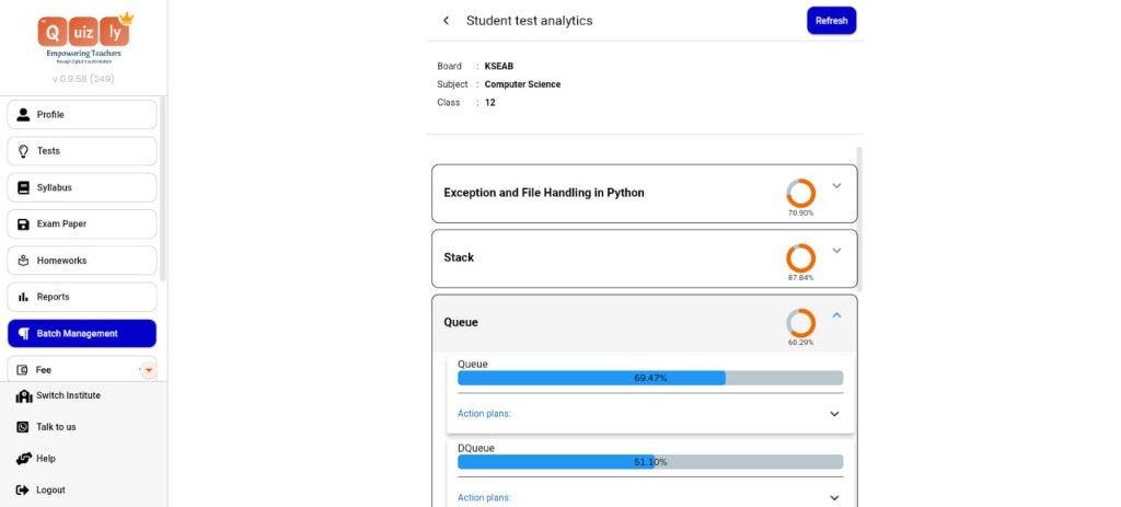 Quizly student test analytics showing accuracy for each topic in a Class 12 Computer Science test, with an action plan under every weak topic