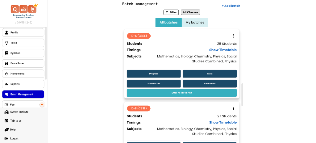 Quizly batch management screen listing Class 10-A and 10-B with student counts, timetables, subjects, and buttons for progress, tests, student lists and attendance