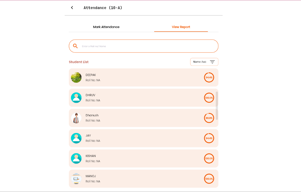 Quizly attendance screen for Class 10-A with a Mark Attendance and View Report tab, and each student's attendance percentage beside their name