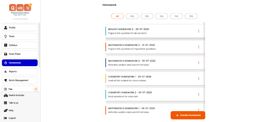 Quizly homework list filtered by batch, showing biology, mathematics and chemistry homework with dates and an instruction under each