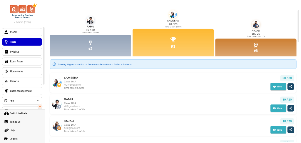 Quizly test results for Class 10 A, ranking each student by score and time taken with the top three highlighted