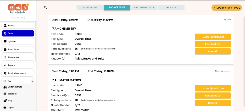 Quizly today's tests screen showing a live Class 7 A chemistry test with its board, chapter and question count